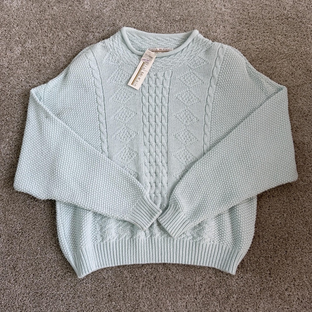 Vintage Delia McKain Sweater Womens Large Light Green Cable Knit Pullover